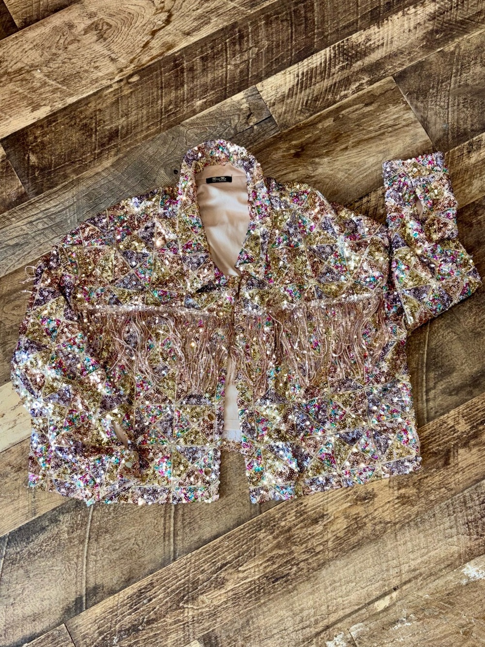 Miss Me Geometric Pattern Sequin Fringe Womens Jacket